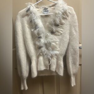 Vintage Sideffects Wool Cream Cardigan with Feather Details